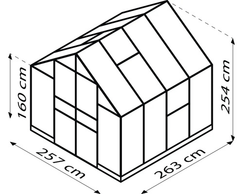 Skizze Gewächshaus mit den Maßen 257 cm, 263 cm, 160 cm und 254 cm