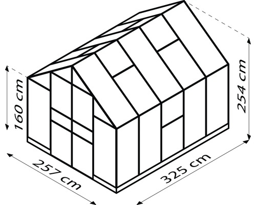 Illustration eines Gewächshauses mit den Maßen 160 cm Höhe, 257 cm Breite und 325 cm Länge