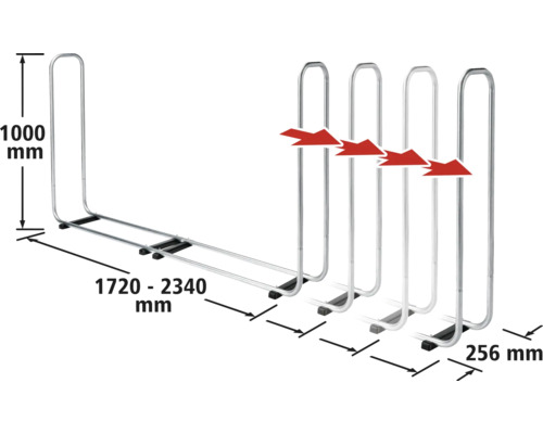 Fahrradständer mit den Maßangaben 1000 mm Höhe, 1720 bis 2340 mm Breite und 256 mm Tiefe