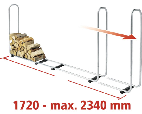 Brennholzregal mit Holzscheiten, ausziehbar von 1720 bis maximal 2340 Millimeter