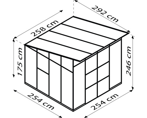 Technische Zeichnung eines Gewächshauses mit Maßangaben