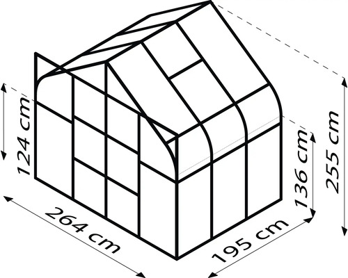 Schema eines Gewächshauses mit den Maßen 264 x 195 x 255 cm