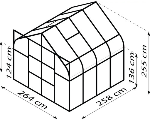 Abbildung eines Gewächshauses mit den Maßen 264 x 258 x 255 Zentimeter