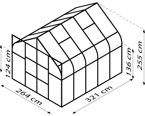 Abbildung eines Gewächshauses mit den Maßen 264 cm x 321 cm und einer Höhe von 255 cm.