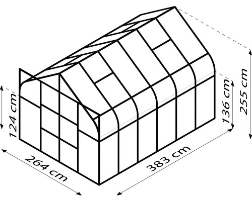 Abbildung eines Gewächshauses mit Maßangaben: 264 cm Breite, 383 cm Länge, 124 cm Seitenhöhe und 255 cm Gesamthöhe.