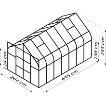 Illustration eines Gewächshauses mit den Maßen 264 mal 445 mal 255 Zentimeter