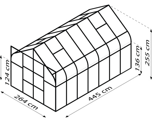 Umriss eines Gewächshauses mit den Maßen 264 mal 445 mal 255 Zentimeter