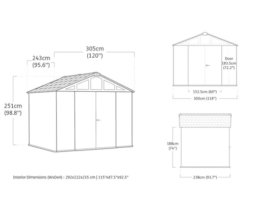 Technische Zeichnung eines Gartenhauses mit Maßangaben
