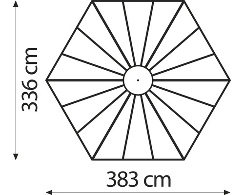 Abmessungen eines sechseckigen Sonnenschirms: 336 cm x 383 cm