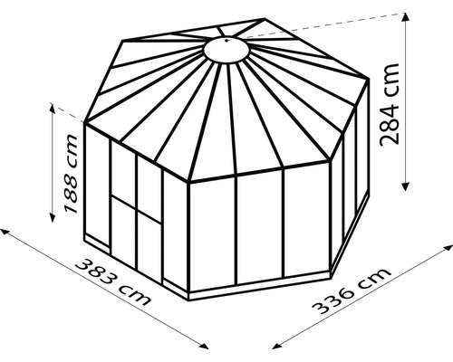 Zeichnung eines Gewächshauses mit den Maßen 383 cm, 336 cm, 284 cm und 188 cm.