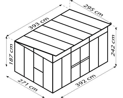 Illustration eines Gartenhauses mit Maßangaben: 271 cm x 392 cm Grundfläche, 242 cm Höhe, 187 cm x 393 cm Vordach und 295 cm Dachbreite