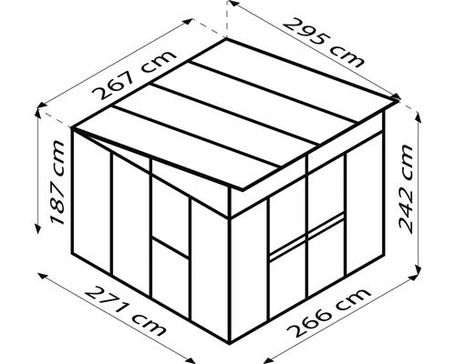 Schema Gartenhaus mit Abmessungen.