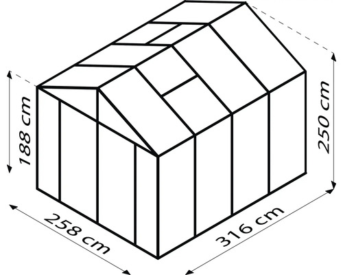 Abbildung eines Gewächshauses mit den Maßen 258 mal 316 Zentimeter und einer Höhe von 188 bis 250 Zentimeter.