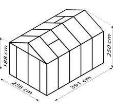Illustration eines Gewächshauses mit den Maßen 258 mal 391 mal 250 Zentimeter