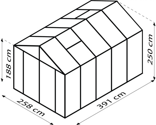Illustration eines Gewächshauses mit Maßangaben: Höhe 188 cm und 250 cm, Breite 258 cm, Länge 391 cm.