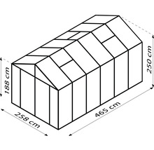 Skizze eines Gewächshauses mit den Maßen 188 cm Höhe vorne, 250 cm Höhe hinten, 258 cm Breite und 465 cm Länge
