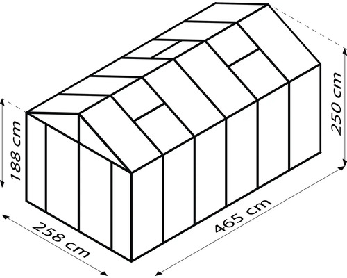 Skizze eines Gewächshauses mit den Maßen 188 cm Höhe vorne, 250 cm Höhe hinten, 258 cm Breite und 465 cm Länge