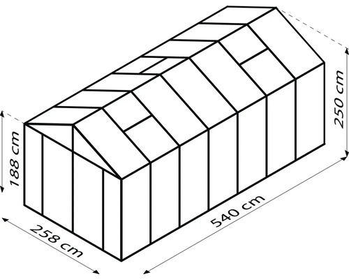 Abbildung eines Gewächshauses mit Maßangaben: 188 cm Höhe, 258 cm Breite und 540 cm Länge