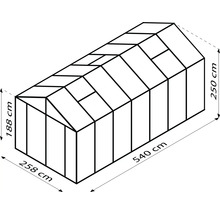 Abbildung des Gewächshaus-Umrisses mit den Maßen 258 cm x 540 cm x 188 cm x 250 cm