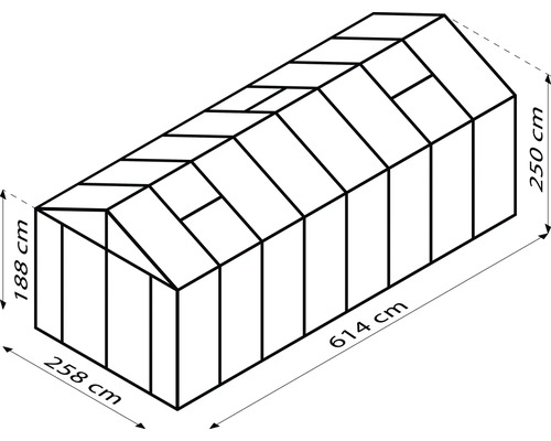 Skizze eines Gewächshauses mit den Maßen 258 x 614 x 188/250 cm