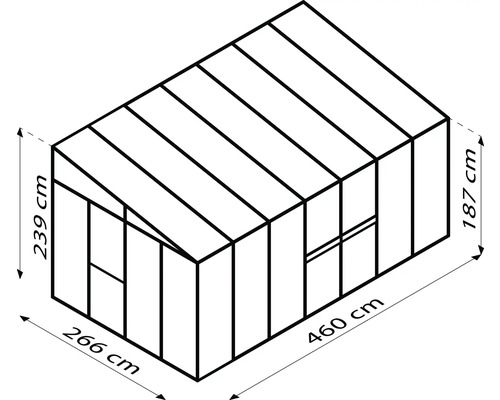 Illustration eines Gerätehauses mit Abmessungen: 239 cm Höhe, 187 cm Seitenwandhöhe, 266 cm Breite und 460 cm Länge.