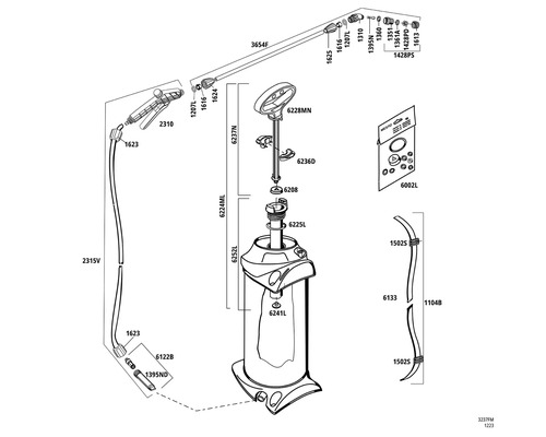Explosionszeichnung eines Sprühgeräts mit Ersatzteilen und Beschriftungen