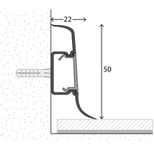 Technische Zeichnung eines Sockelleistenprofils mit den Maßen 50 mm Höhe und 22 mm Tiefe