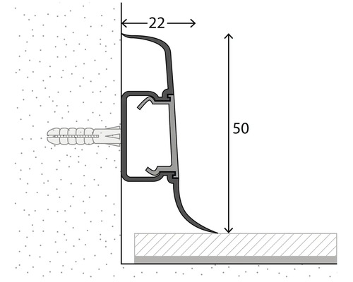 Technische Zeichnung eines Sockelleistenprofils mit den Maßen 50 mm Höhe und 22 mm Tiefe