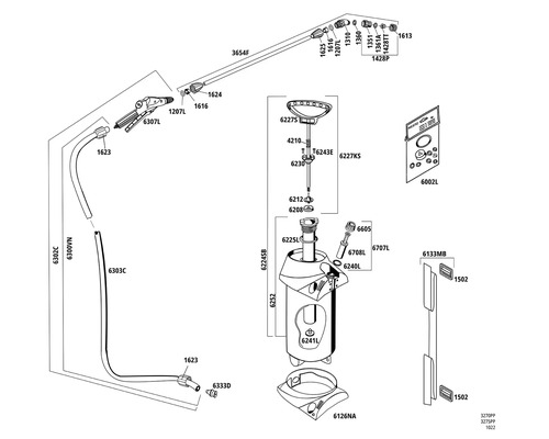 Explosionszeichnung eines Reinigungsgeräts, die die Anordnung der einzelnen Komponenten und Ersatzteile zeigt