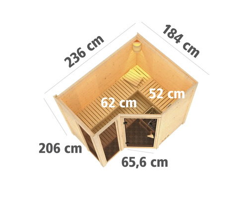 Illustration einer Elementsauna mit Maßangaben zu Länge, Breite und Höhe.