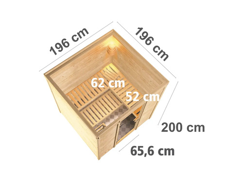 Innenraum einer Sauna mit Maßen dargestellt