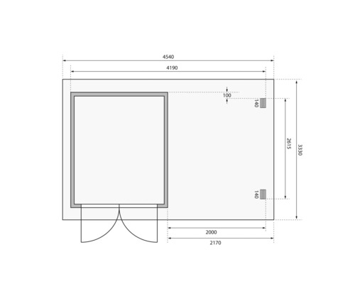 Technische Zeichnung eines Gartenhauses mit Maßangaben