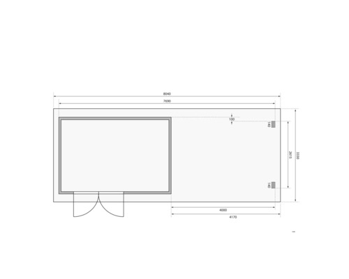 Grundrisszeichnung eines Gartenhauses mit Maßangaben