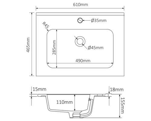 Technische Zeichnung eines Waschtisches mit Maßangaben