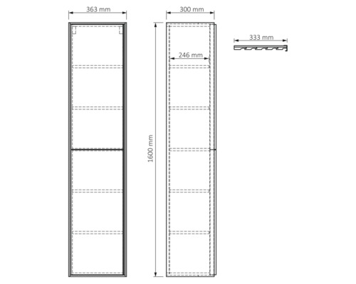 Technische Zeichnung eines Schranks mit Maßangaben