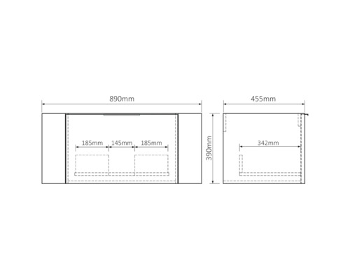 Technische Zeichnung eines Waschtischunterschranks mit Maßangaben.