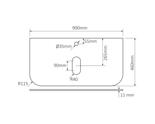 Technische Zeichnung eines Waschtisches mit Maßangaben