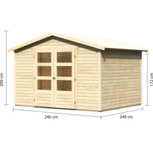 Holzgartenhaus mit Doppeltür und Maßangaben
