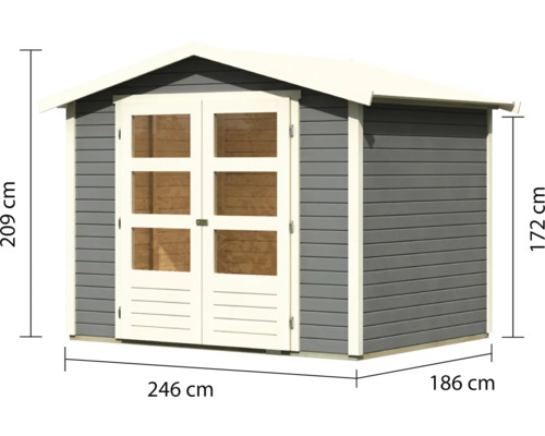 Gartenhaus aus Holz mit Doppeltür und Maßangaben