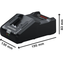 Bosch Professional Ladegerät mit den Maßen 130 mm Breite, 195 mm Länge und 83 mm Höhe.