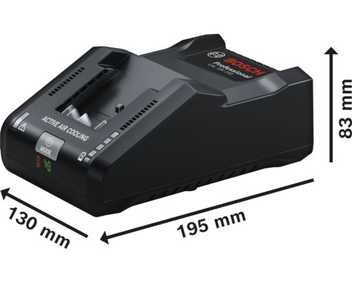 Bosch Professional Ladegerät mit den Maßen 130 mm Breite, 195 mm Länge und 83 mm Höhe.