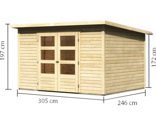 Holzgartenhaus mit Doppeltür und den Maßen 305 mal 246 mal 197 Zentimeter
