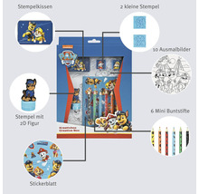 Kreativbox mit Stempelkissen, zwei kleinen Stempeln, Stempel mit 2D Figur, Stickerbogen, zehn Ausmalbildern und sechs Mini Buntstiften