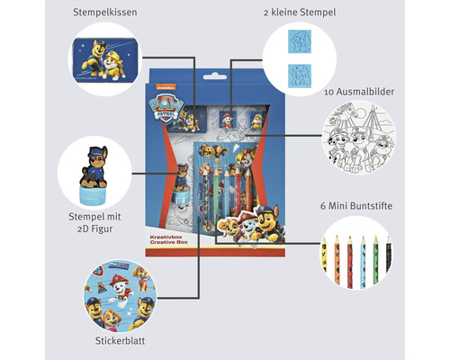 Kreativbox mit Stempelkissen, zwei kleinen Stempeln, Stempel mit 2D Figur, Stickerbogen, zehn Ausmalbildern und sechs Mini Buntstiften