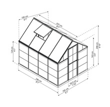 Technische Zeichnung eines Gewächshauses mit Maßangaben.