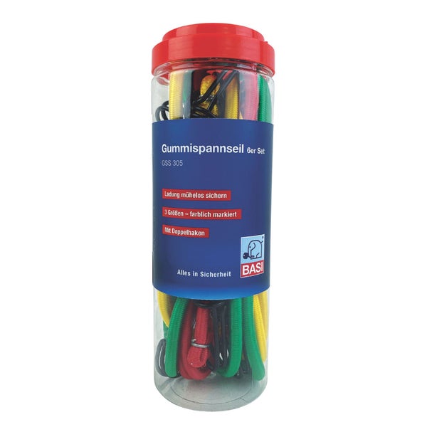 BASI Gummispannseil 6er Set mit Doppelhaken 2x 600 mm + 2x 800 mm + 2x 1000 mm Durchmesser 8 mm Zurrkraft 40 kg