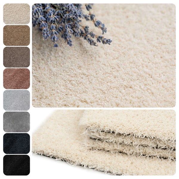 Weicher Hochflor-Teppich mit verschiedenen Farbmustern, Lavendel und Detailansicht der Textur.