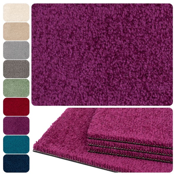 Hochflor-Teppichboden mit strukturierter Oberfläche, abgebildet in Lila, inklusive einer Auswahl von Farbmustern in verschiedenen Farben.