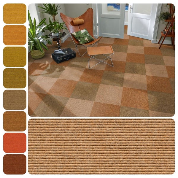 Teppichfliesen mit Rippenstruktur im Schachbrettmuster in einem hellen Wohnzimmer, inklusive Detailaufnahme der Materialstruktur und Farbauswahl.
