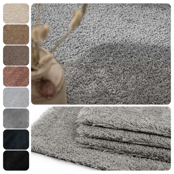 Weiche Hochflor-Badmatte in verschiedenen Farben, Darstellung der Materialstruktur und Farbauswahl.